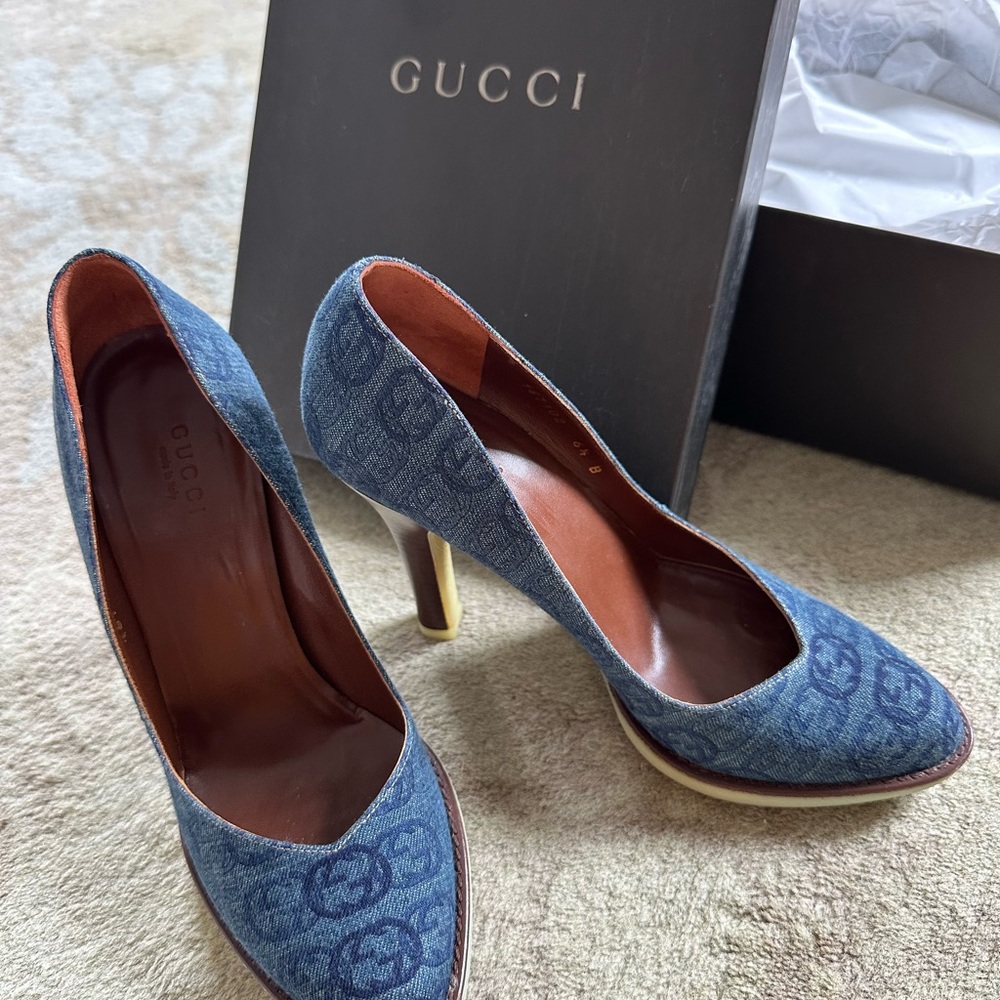 Gucci Blue Denim Heels with Signature GG Monogram